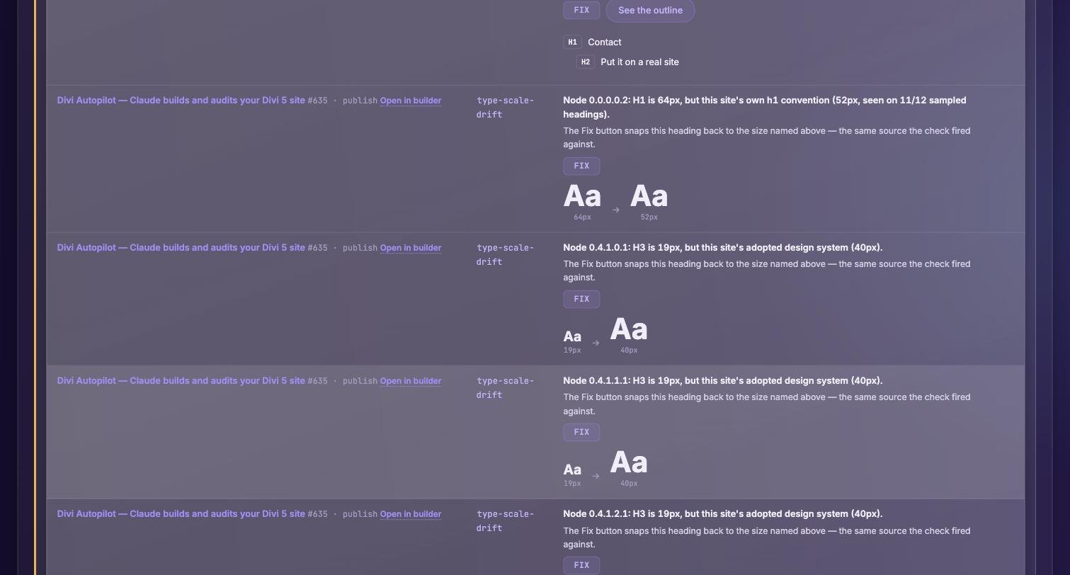 The Divi Autopilot Design Guardian occurrence view: type-scale drift findings each rendering both sizes as real type specimens with an arrow between them, Fix buttons on every row, and the page heading outline opened above with H1 and H2 chips.