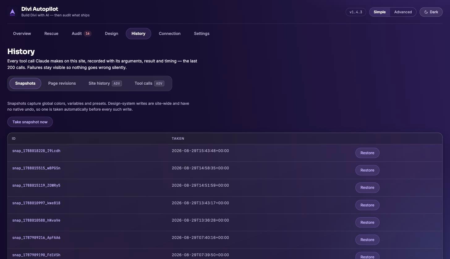 The Divi Autopilot History screen: the Snapshots tab listing timestamped design-system snapshots by id, each with a Restore button, above a Take snapshot now control.